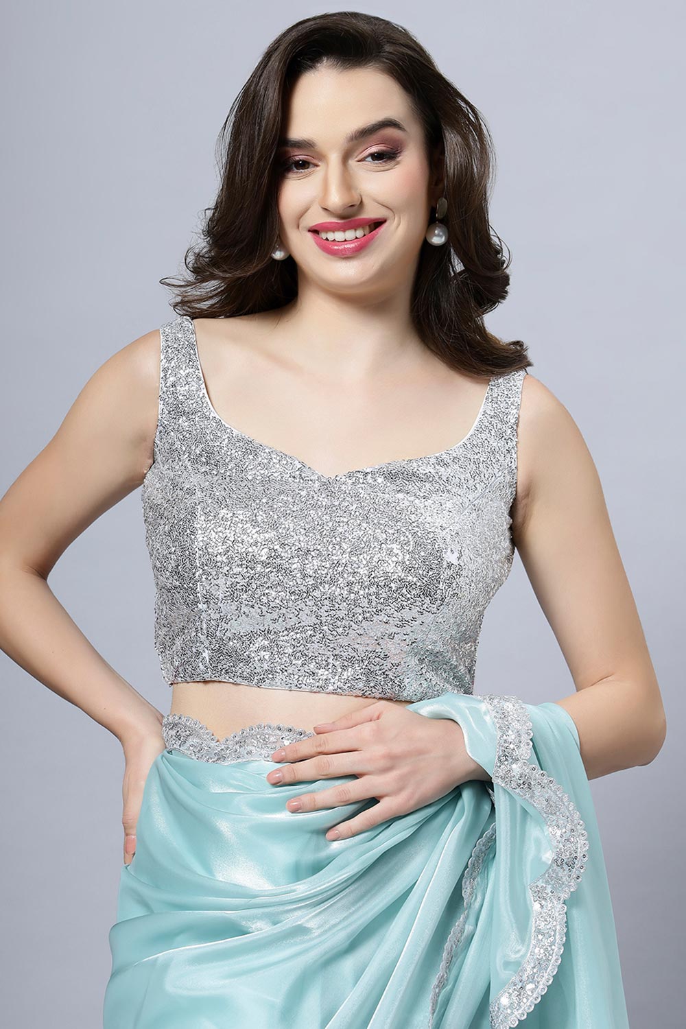 Buy Benoite Blue Soft Organza Scallop Border One Minute Saree Online - Side