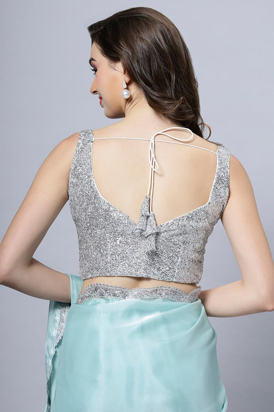 Buy Benoite Blue Soft Organza Scallop Border One Minute Saree Online - Zoom In