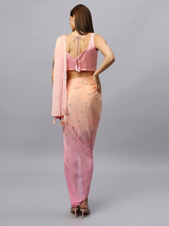 Buy Pariza Peach Chinon Silk Sarong Saree with Gold Sequin Work Online - Front