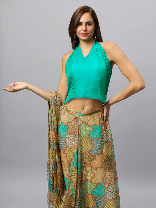 Buy Kaia Gold Chinon Silk Sarong Saree with Gold Sequins Online - Side