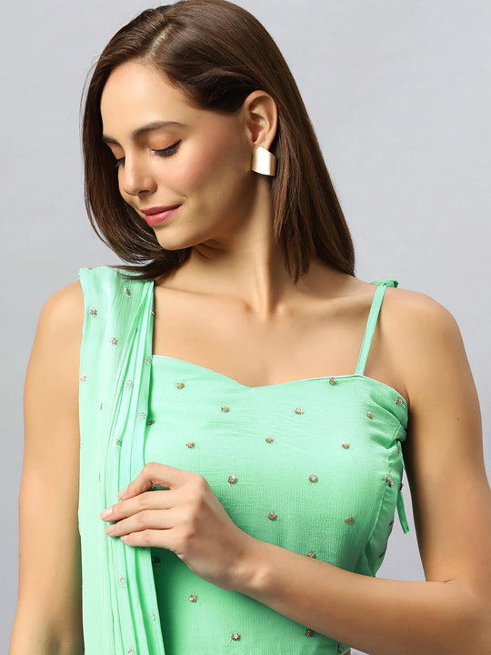 Buy Loki Mint Chinon Silk Sarong Saree with Gold Sequins Online - Back