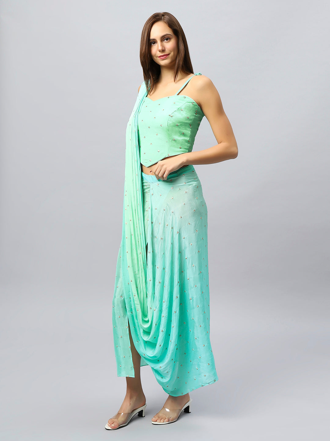 Buy Loki Mint Chinon Silk Sarong Saree with Gold Sequins Online - Front