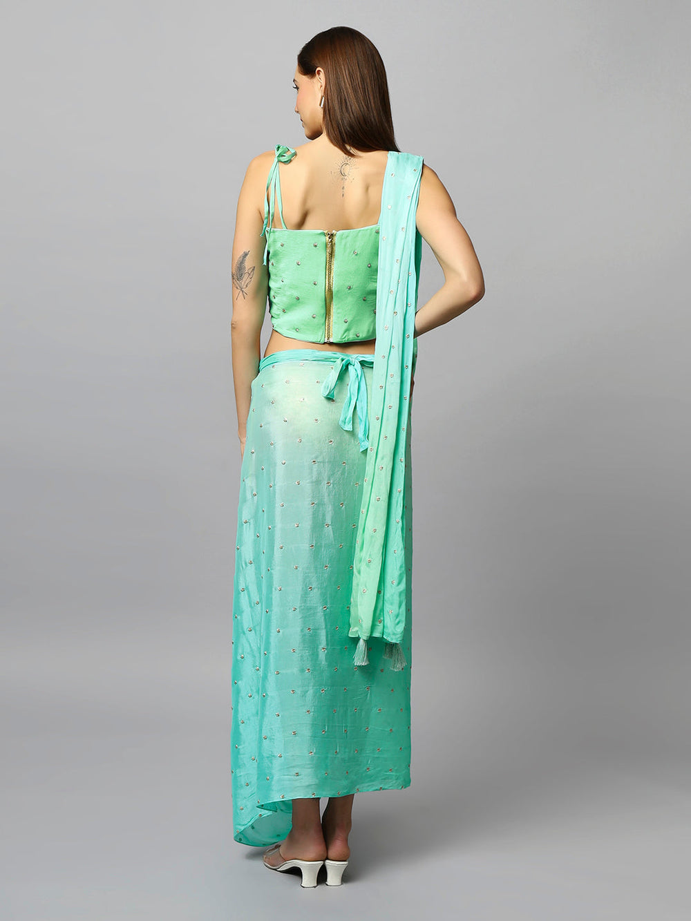 Buy Loki Mint Chinon Silk Sarong Saree with Gold Sequins Online