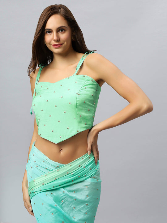 Buy Loki Mint Chinon Silk Sarong Saree with Gold Sequins Online - Zoom In