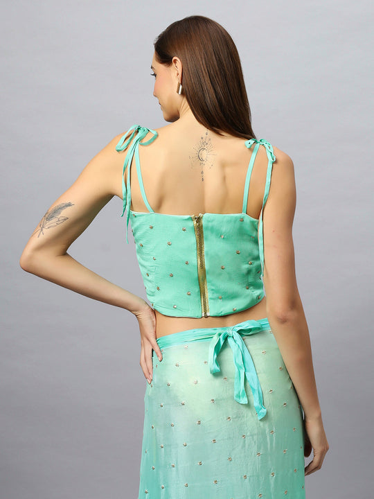 Buy Loki Mint Chinon Silk Sarong Saree with Gold Sequins Online - Zoom Out