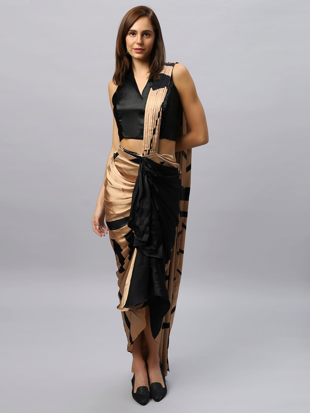 Buy Tesha Camel & Black Satin Silk Sarong Saree Online - One Minute Saree