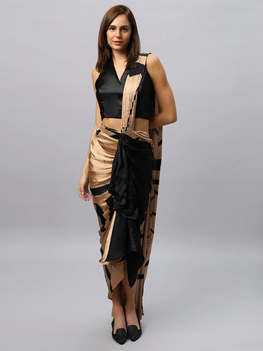 Buy Tesha Camel & Black Satin Silk Sarong Saree Online - One Minute Saree
