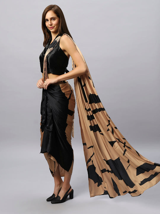 Buy Tesha Camel & Black Satin Silk Sarong Saree Online