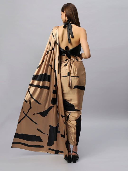 Buy Tesha Camel & Black Satin Silk Sarong Saree Online - Front
