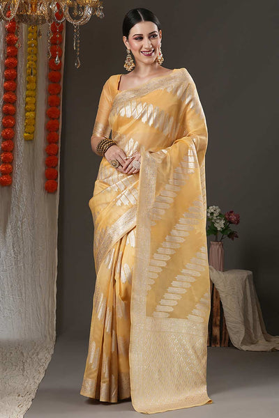 Buy Loraine Yellow Organza Bagh Woven Design Chanderi One Minute Saree Online - One Minute Saree