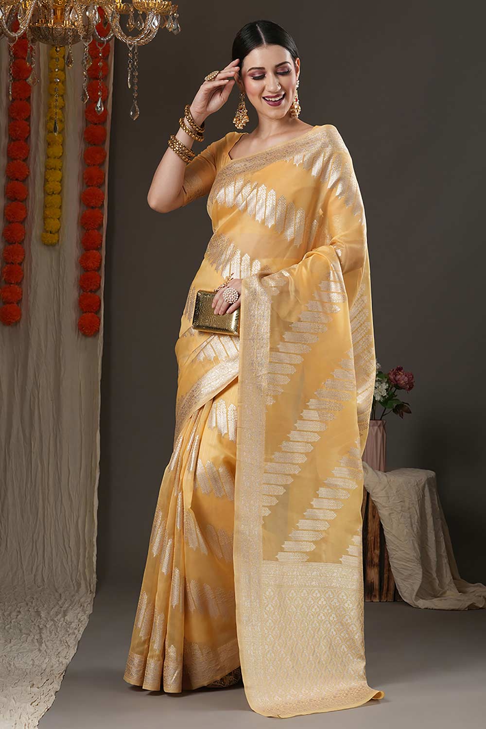 Buy Loraine Yellow Organza Bagh Woven Design Chanderi One Minute Saree Online - Side