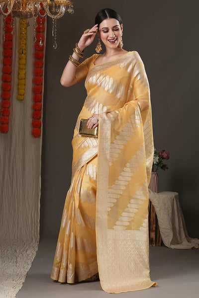 Buy Loraine Yellow Organza Bagh Woven Design Chanderi One Minute Saree Online - Side