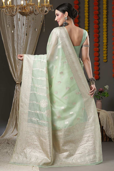 Shop Myra Pista Green Organza Botanical Bagh One Minute Saree at best offer at our  Store - One Minute Saree