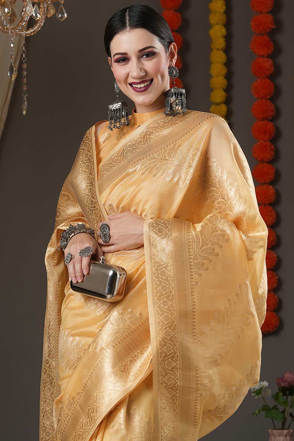 Buy Lumi Yellow Organza One Minute Saree Online - Front