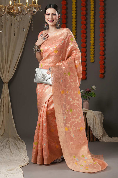 Buy Jean Peach Satin Organza Saree Online | Rouje Official