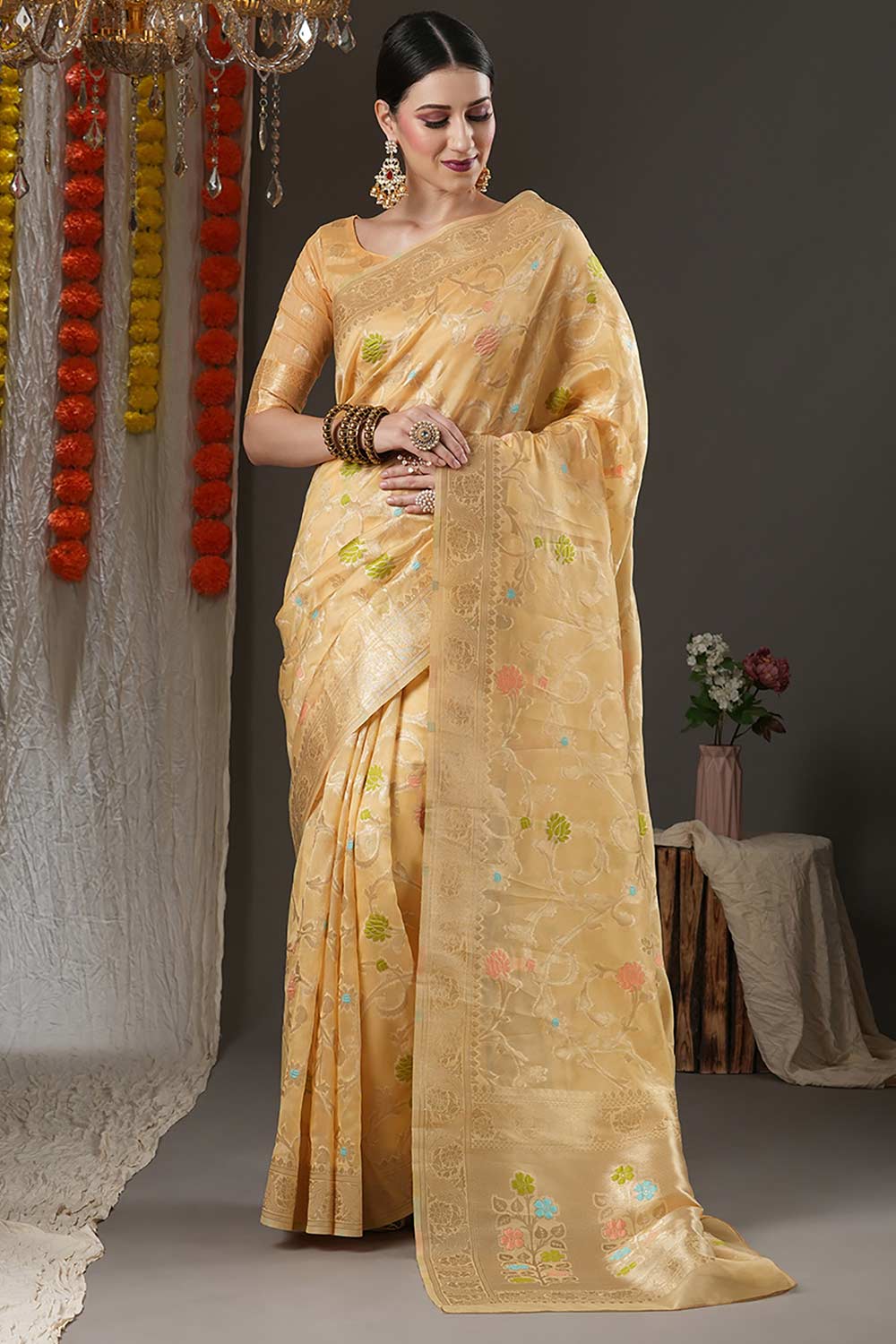 Buy Grace Yellow Organza Chanderi One Minute Saree Online - One Minute Saree