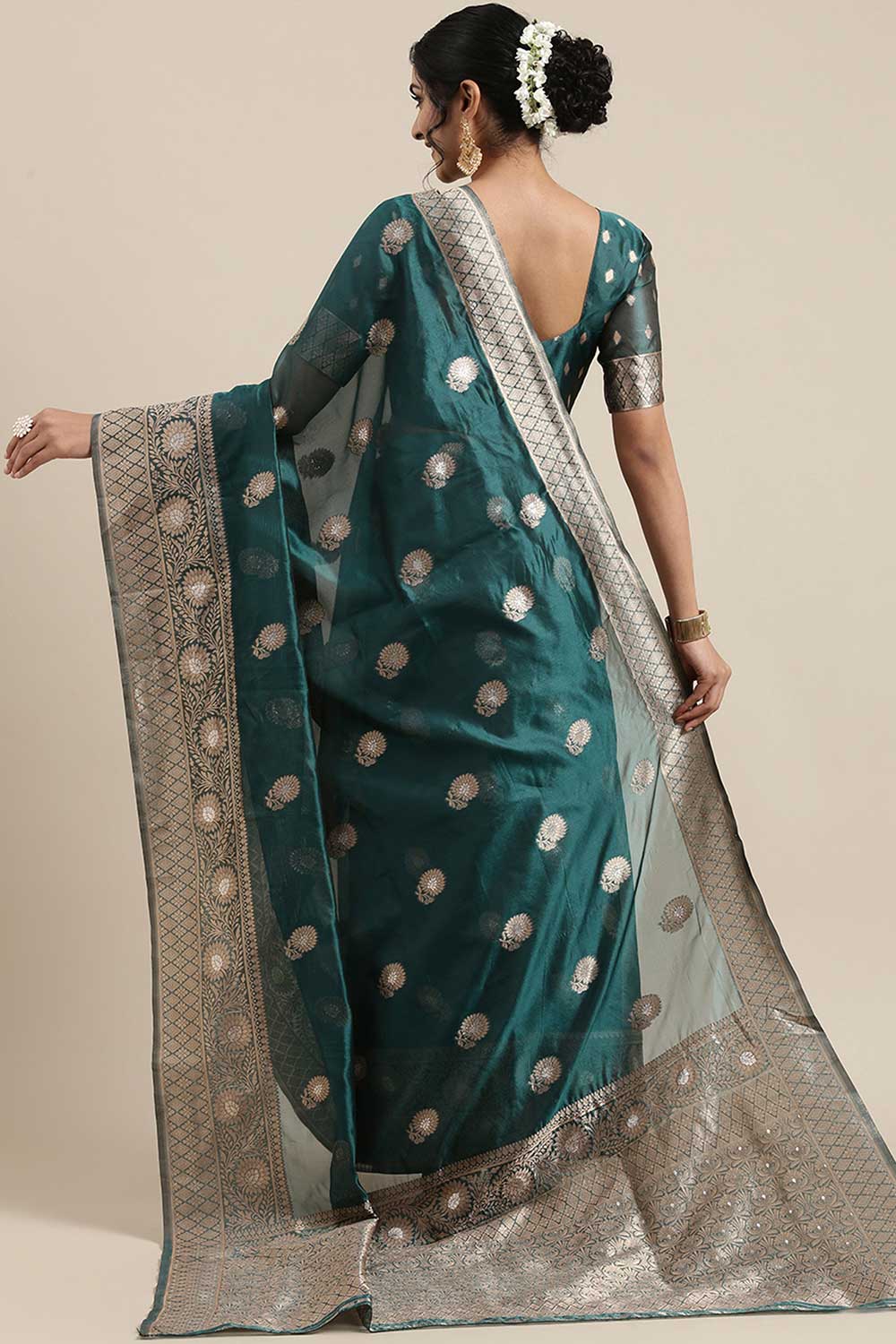 Shop Zoe Teal Blue Floral Woven Organza One Minute Saree at best offer at our  Store - One Minute Saree