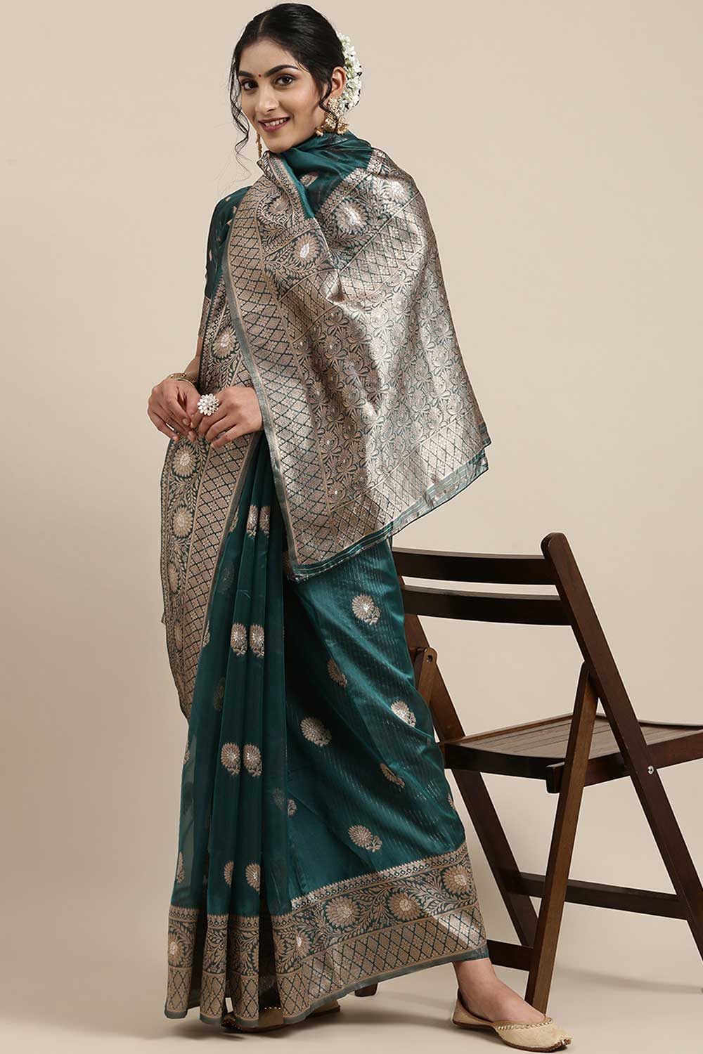 Buy Zoe Teal Blue Floral Woven Organza One Minute Saree Online