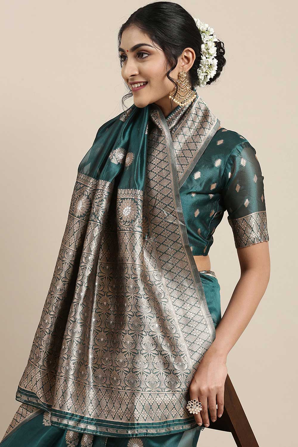 Buy Zoe Teal Blue Floral Woven Organza One Minute Saree Online - Back