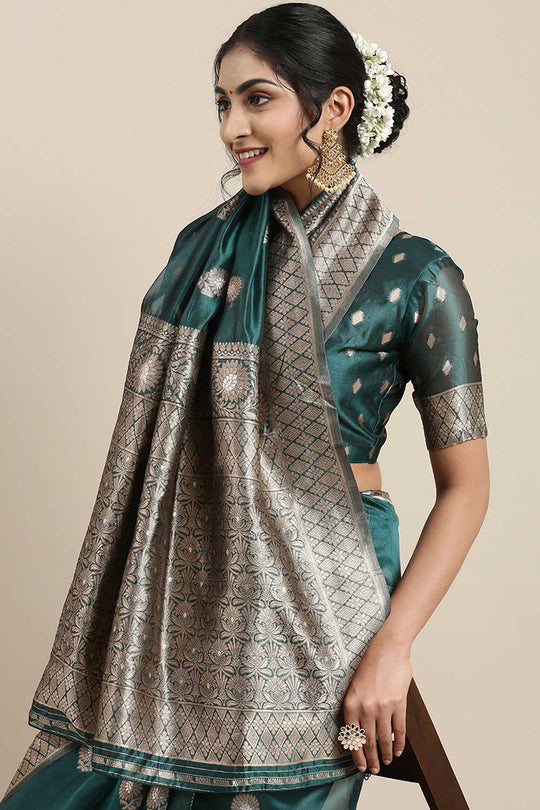 Buy Zoe Teal Blue Floral Woven Organza One Minute Saree Online - Back