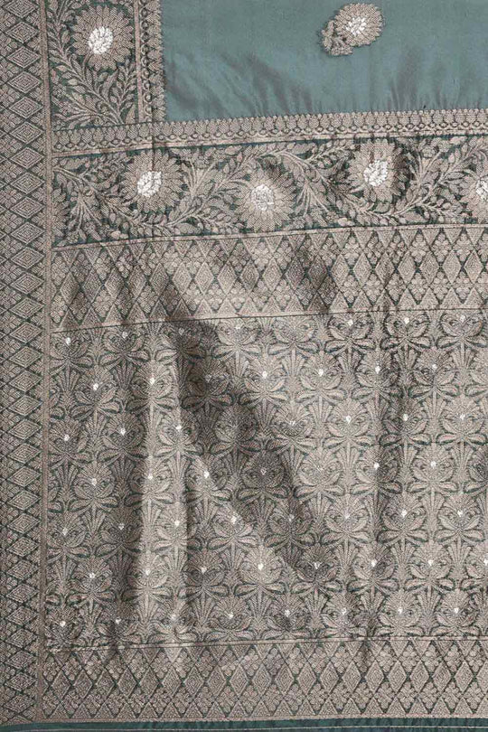 Buy Zoe Teal Blue Floral Woven Organza One Minute Saree Online - Front