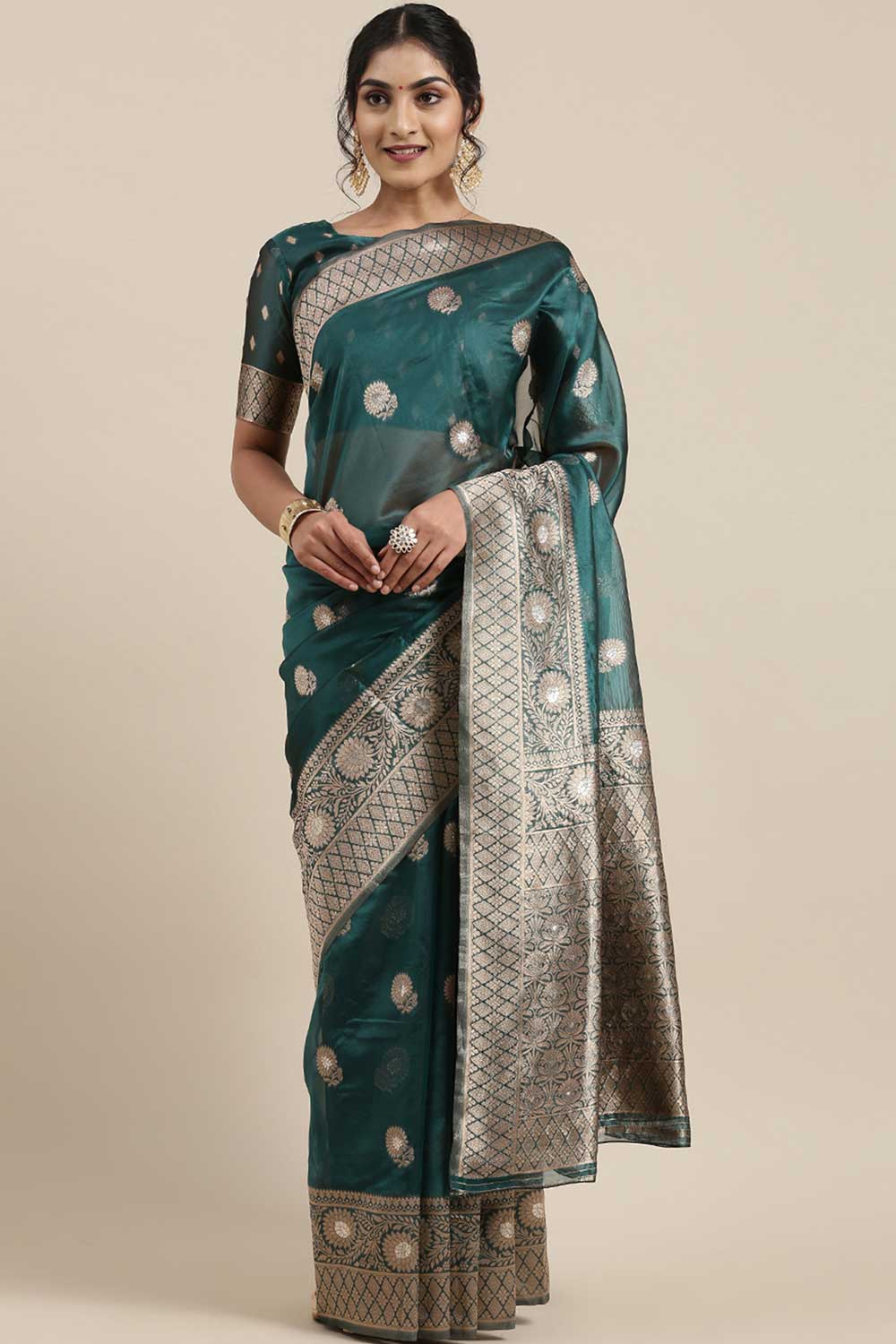 Buy Zoe Teal Blue Floral Woven Organza One Minute Saree Online - One Minute Saree