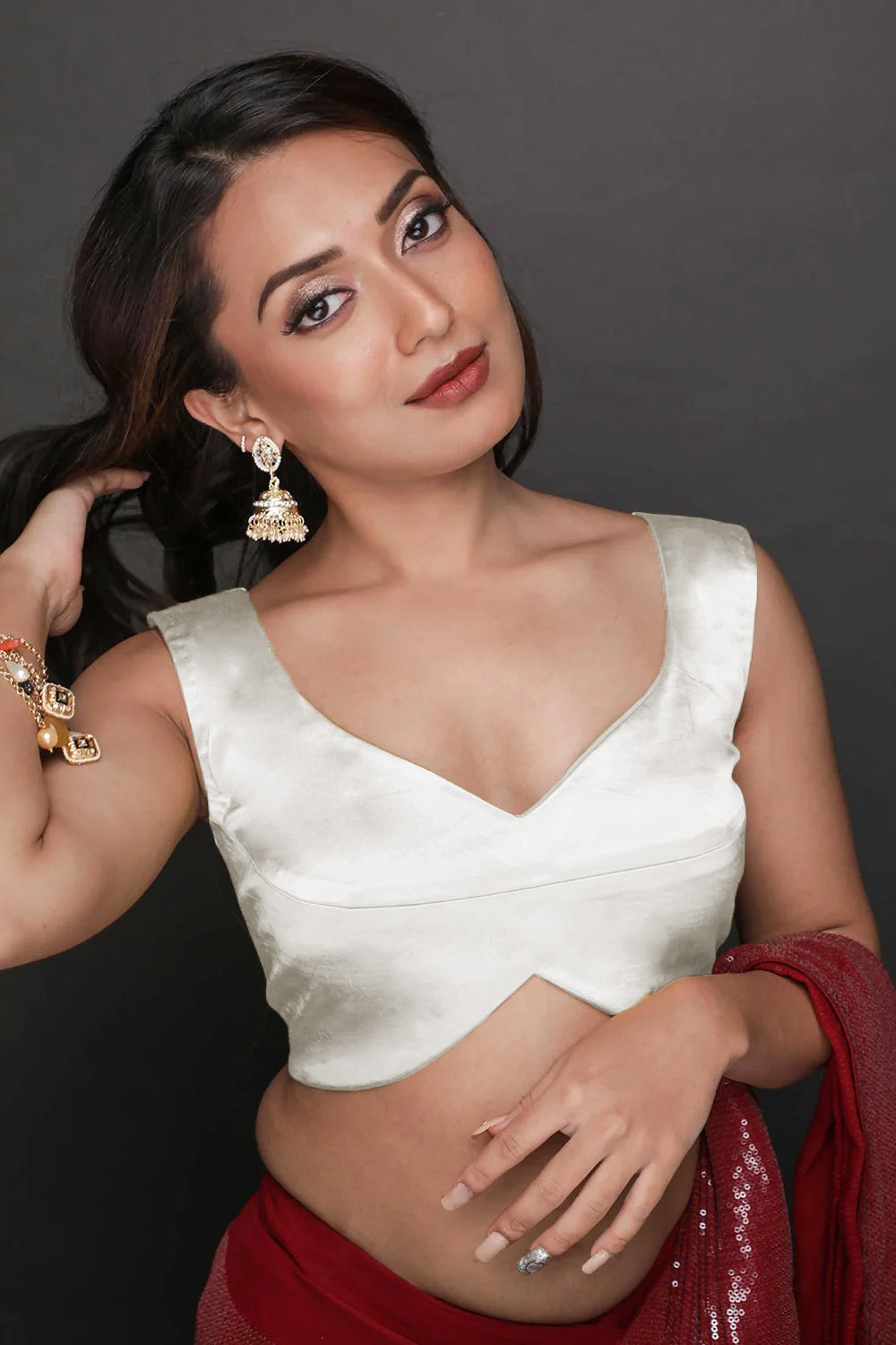 Buy Trina Comfort Stretch Off-White Satin Blouse Online - One Minute Saree