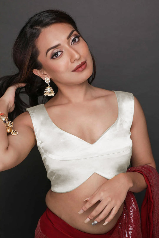 Buy Trina Comfort Stretch Off-White Satin Blouse Online - One Minute Saree