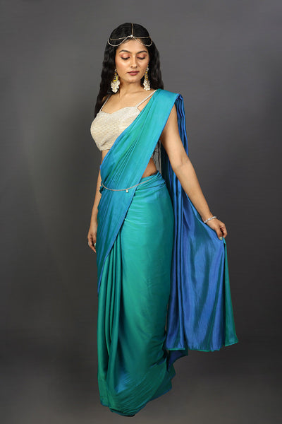 Buy Shana Ombre Peacock Blue Satin One Minute Saree Online
