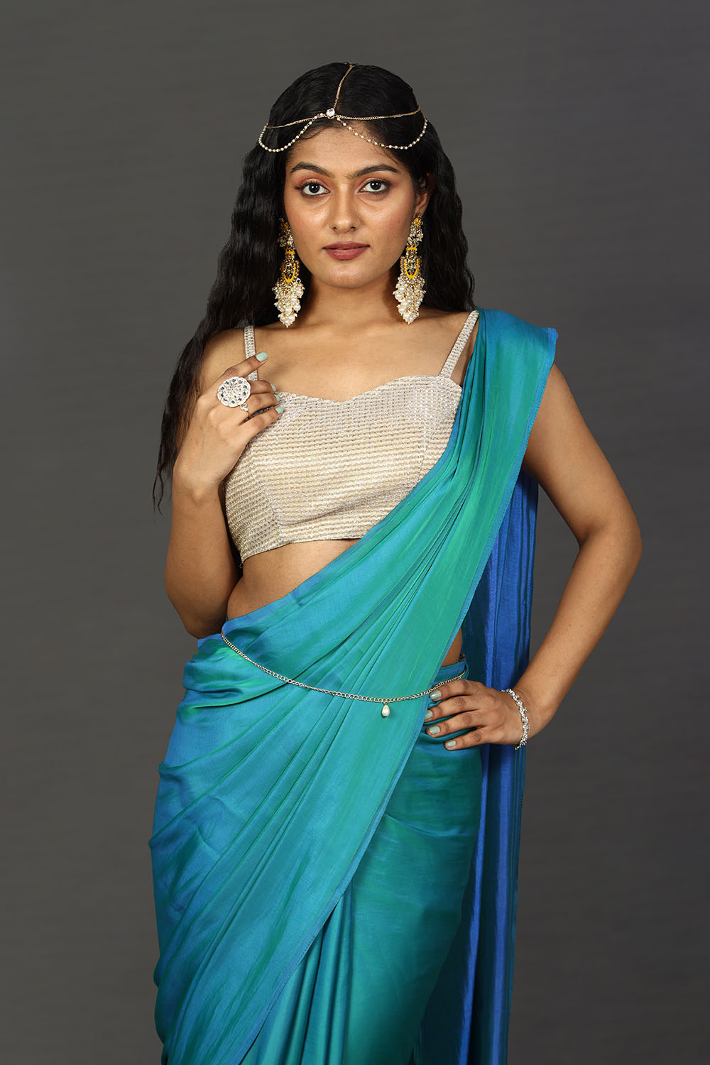 Shop Shana Ombre Peacock Blue Satin One Minute Saree at best offer at our  Store - One Minute Saree