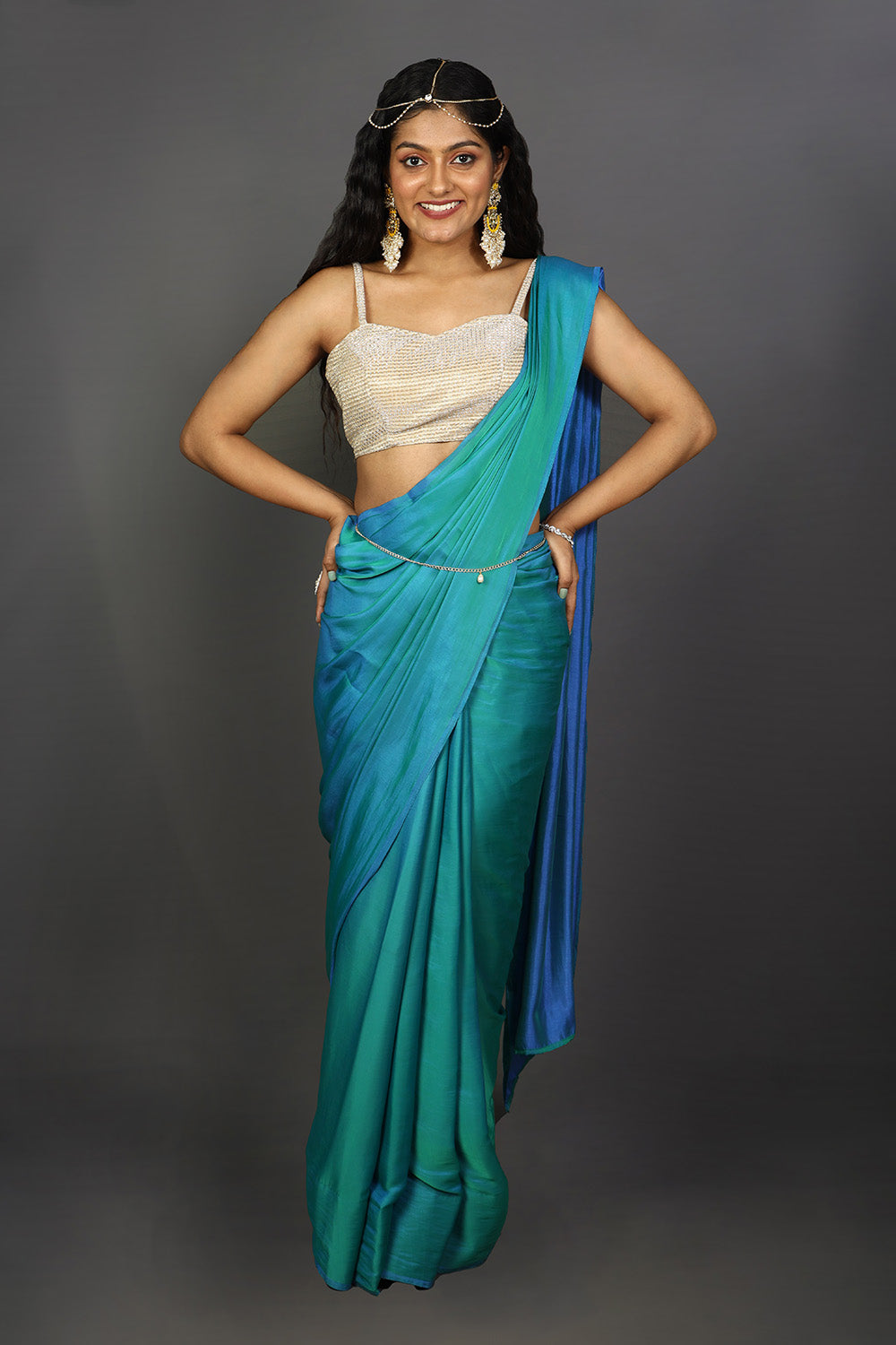 Buy Shana Ombre Peacock Blue Satin One Minute Saree Online - One Minute Saree