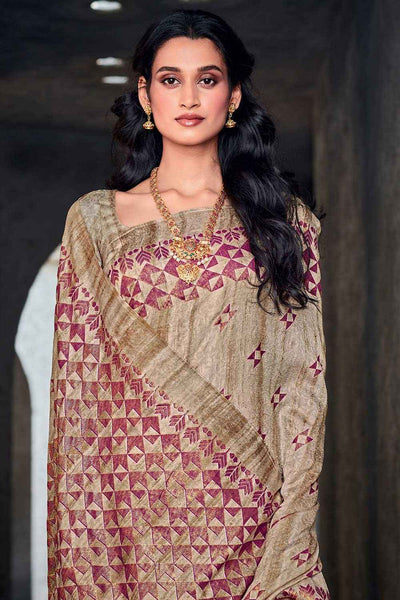 Buy Shayla Beige Silk Blend Bagh Abstract Printed One Minute Saree Online - One Minute Saree