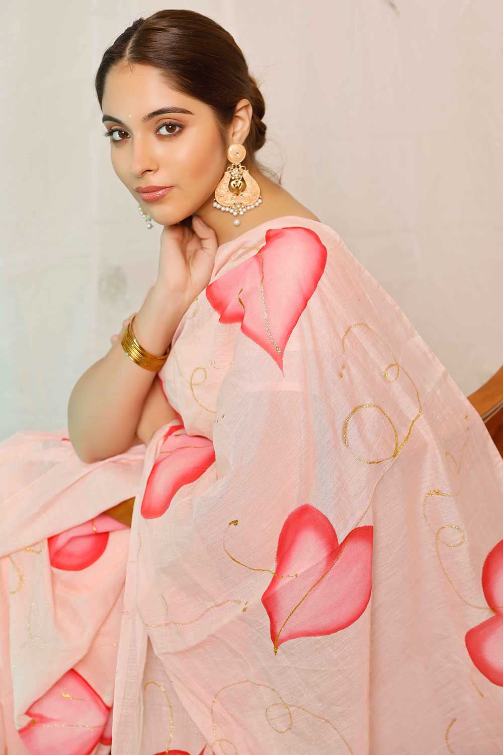 Prerna Hand Painted Pink Leaves On Peach Chanderi One Minute Saree