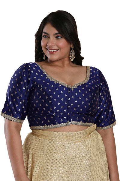 Buy Nina Navy Blue Brocade Embroidered Sweetheart Neck Full-Figure Blouse Online - One Minute Saree