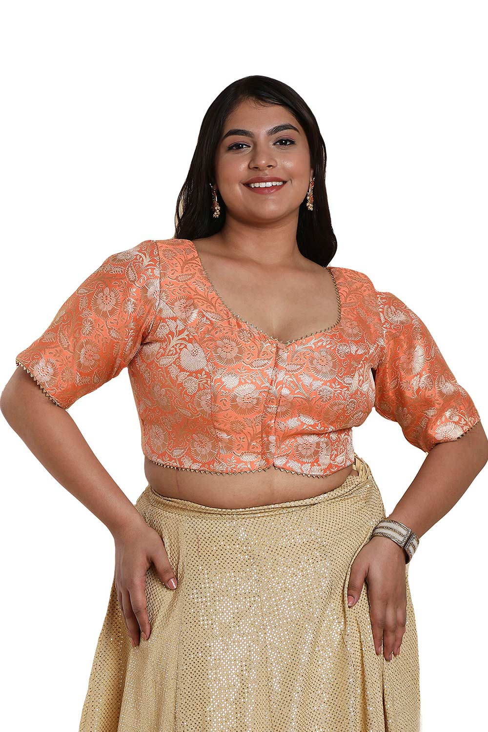 Buy Roma Orange Brocade Half Sleeves Full-Figure Blouse Online - One Minute Saree