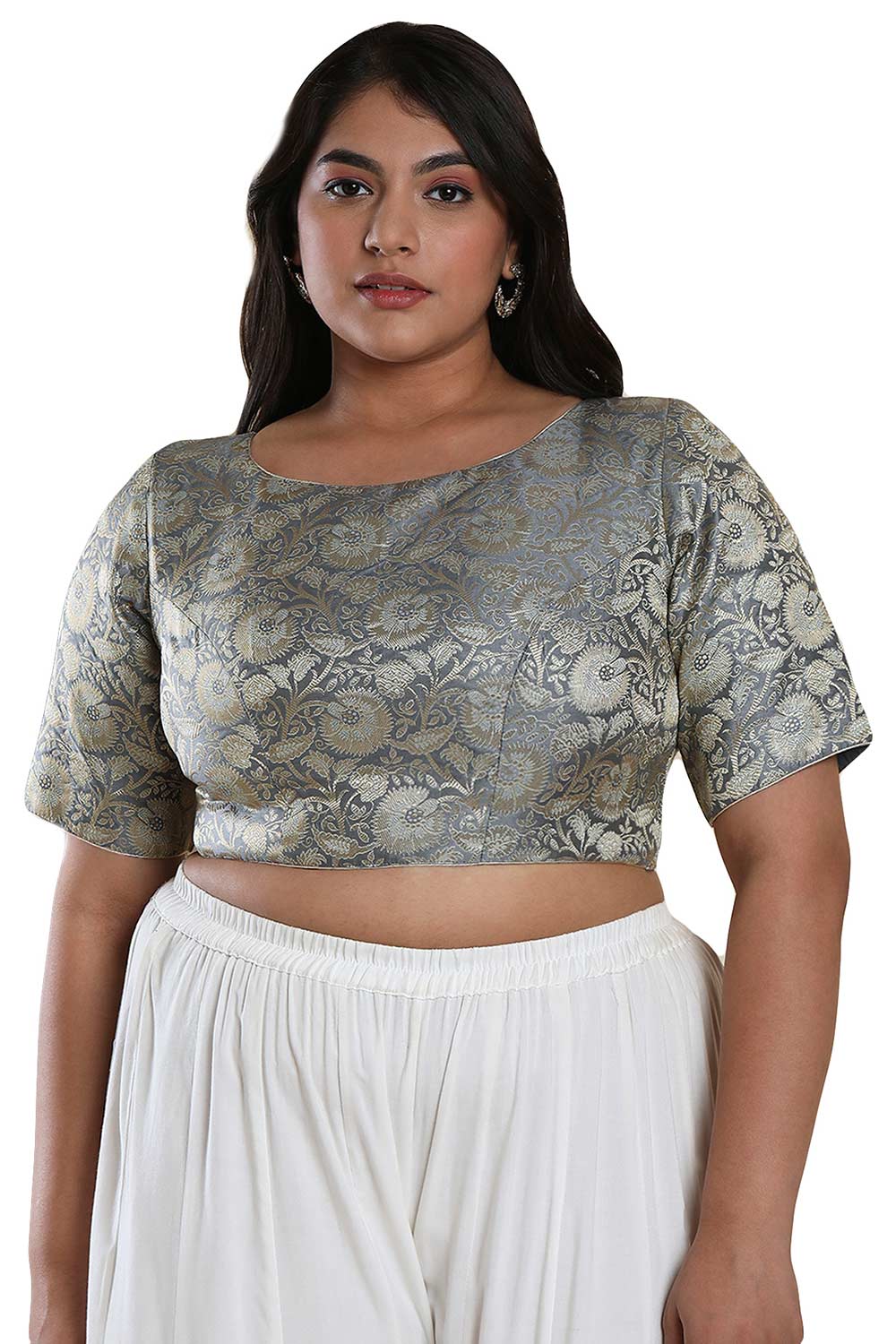 Buy Roma Grey Brocade Half Sleeves Full-Figure Blouse Online - One Minute Saree