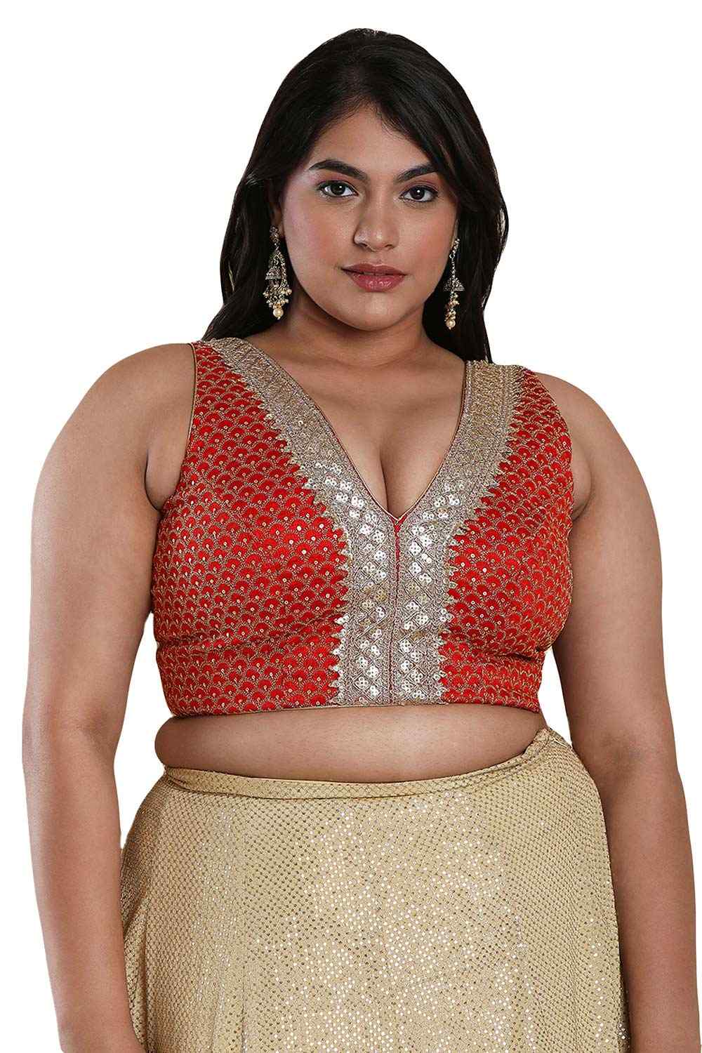 Buy Uma Red Art Silk Embroidered Sleeveless Full-Figure Blouse Online - One Minute Saree