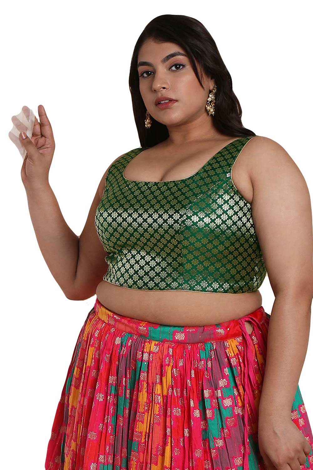 Buy Lara Green Brocade Sleeveless Full-Figure Blouse Online - One Minute Saree