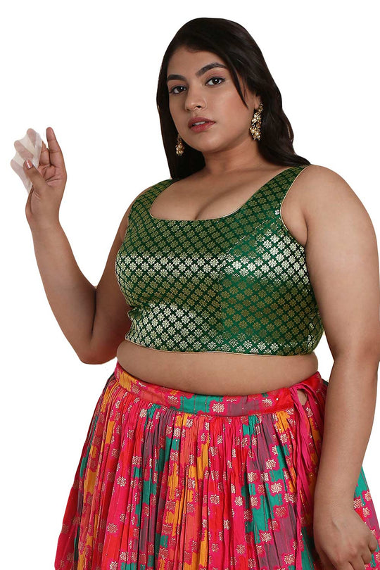 Buy Lara Green Brocade Sleeveless Full-Figure Blouse Online - One Minute Saree