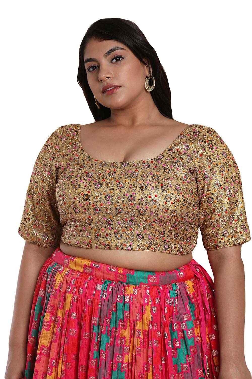 Buy Sheila Gold Net Embroidered Half Sleeves Full-Figure Blouse Online - One Minute Saree