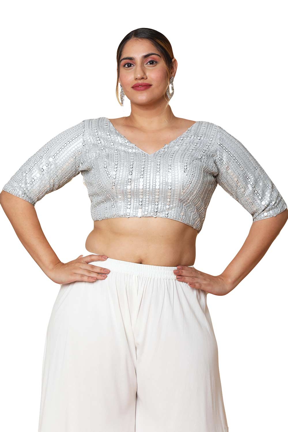 Buy Celia Silver Art Silk Blend Embroidered Half Sleeves Full-Figure Blouse Online - One Minute Saree