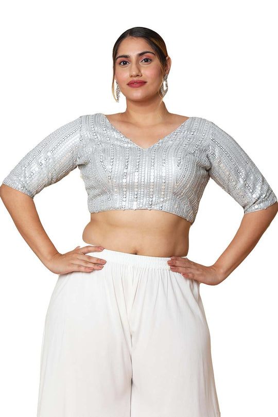 Buy Celia Silver Art Silk Blend Embroidered Half Sleeves Full-Figure Blouse Online - One Minute Saree