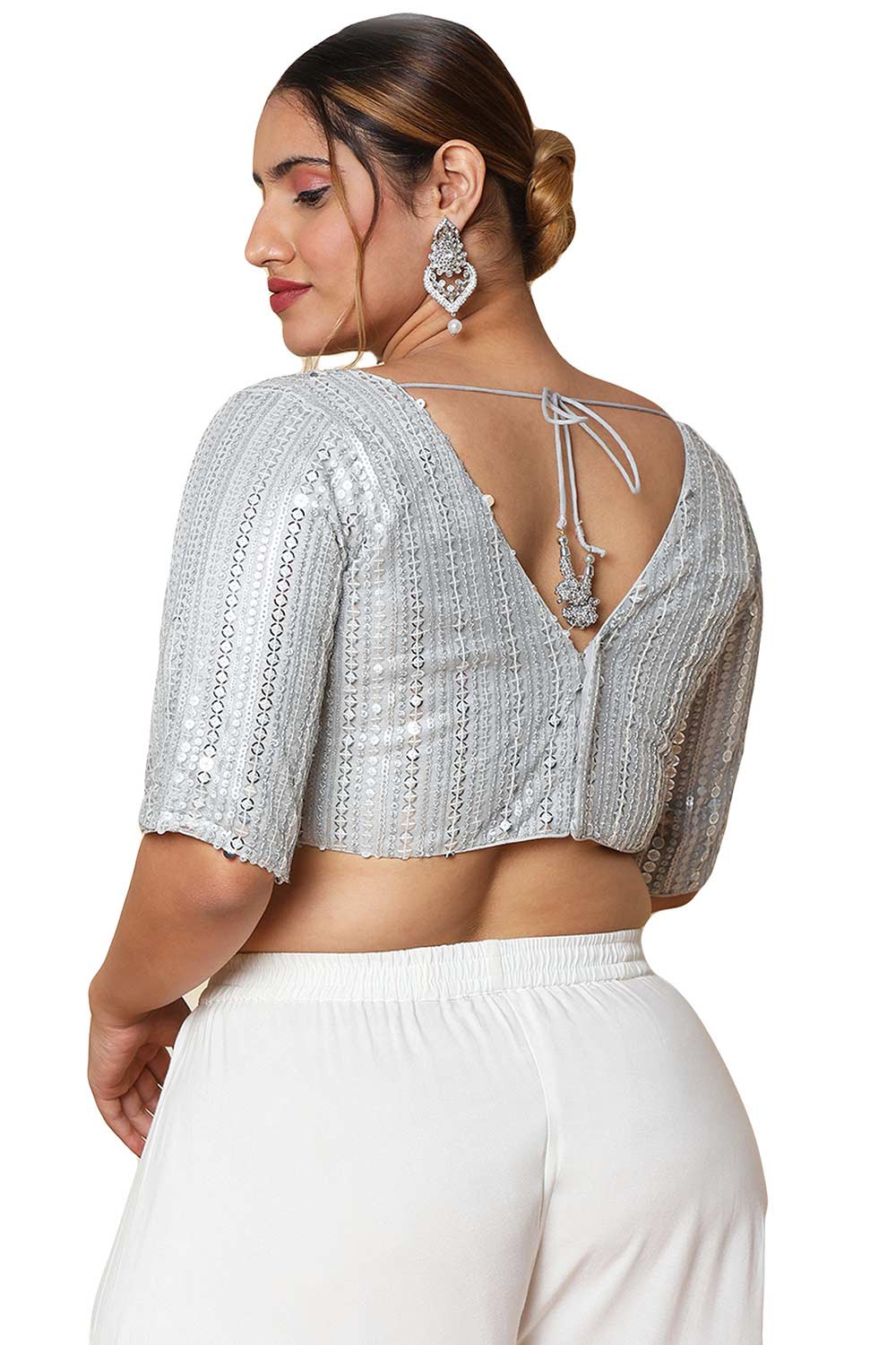 Buy Silver Silk Blend Readymade Saree Blouse Online - One Minute Sareee