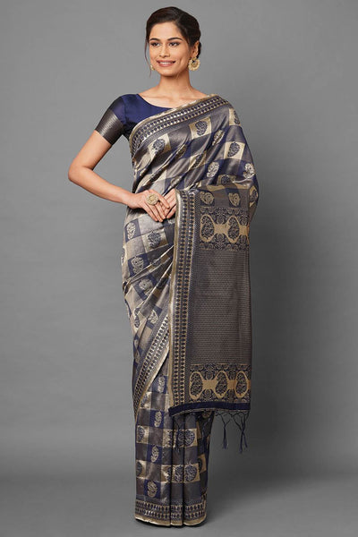 Buy Mona Navy Blue Woven Silk Blend One Minute Saree Online - One Minute Saree