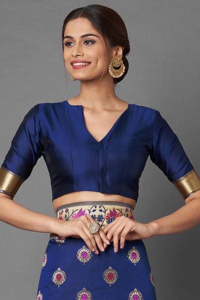 Buy Loma Navy Blue Woven Silk Blend One Minute Saree Online
