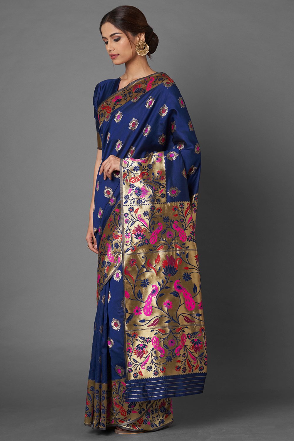 Buy Loma Navy Blue Woven Silk Blend One Minute Saree Online - Front