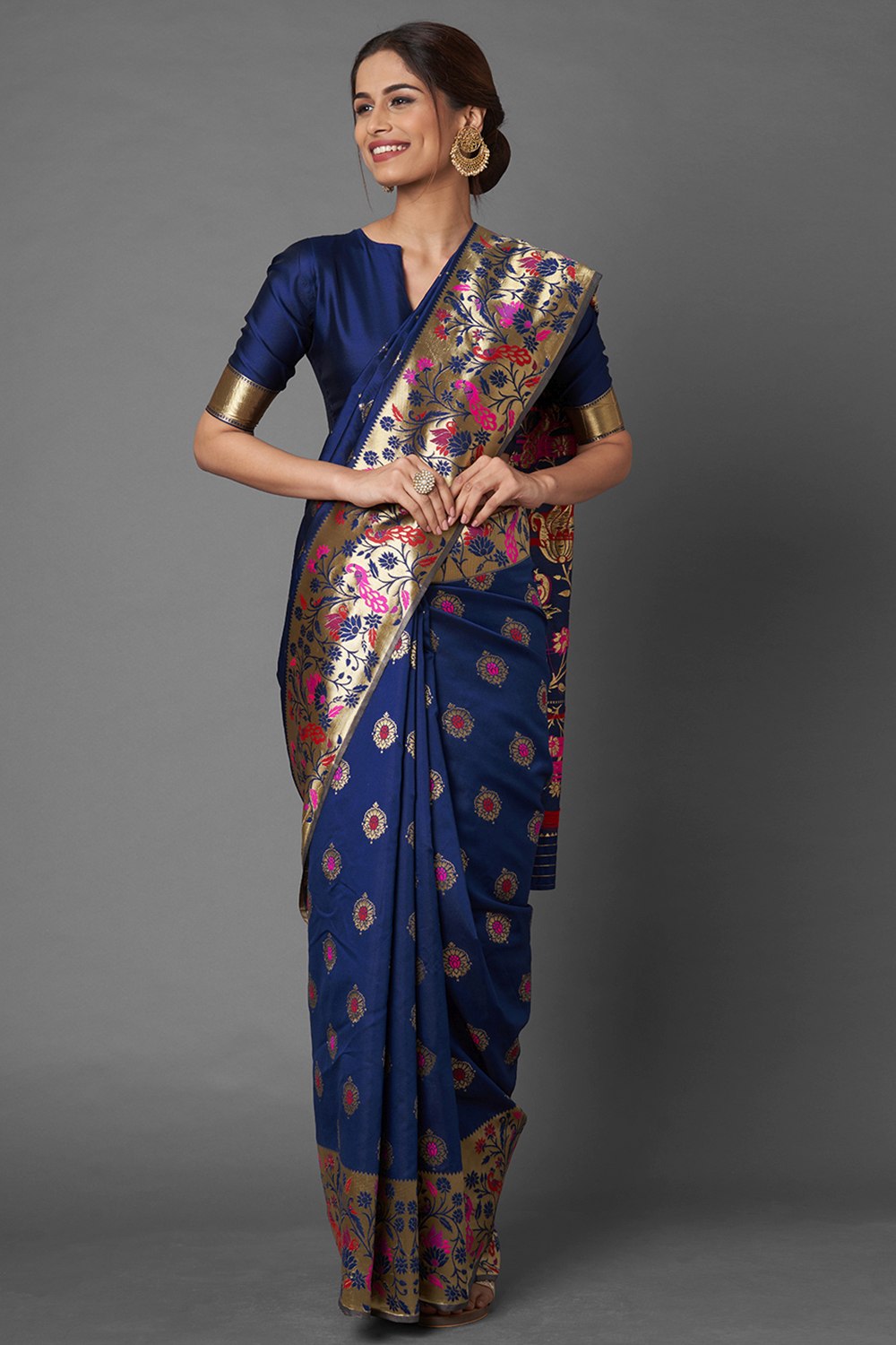Buy Loma Navy Blue Woven Silk Blend One Minute Saree Online - One Minute Saree