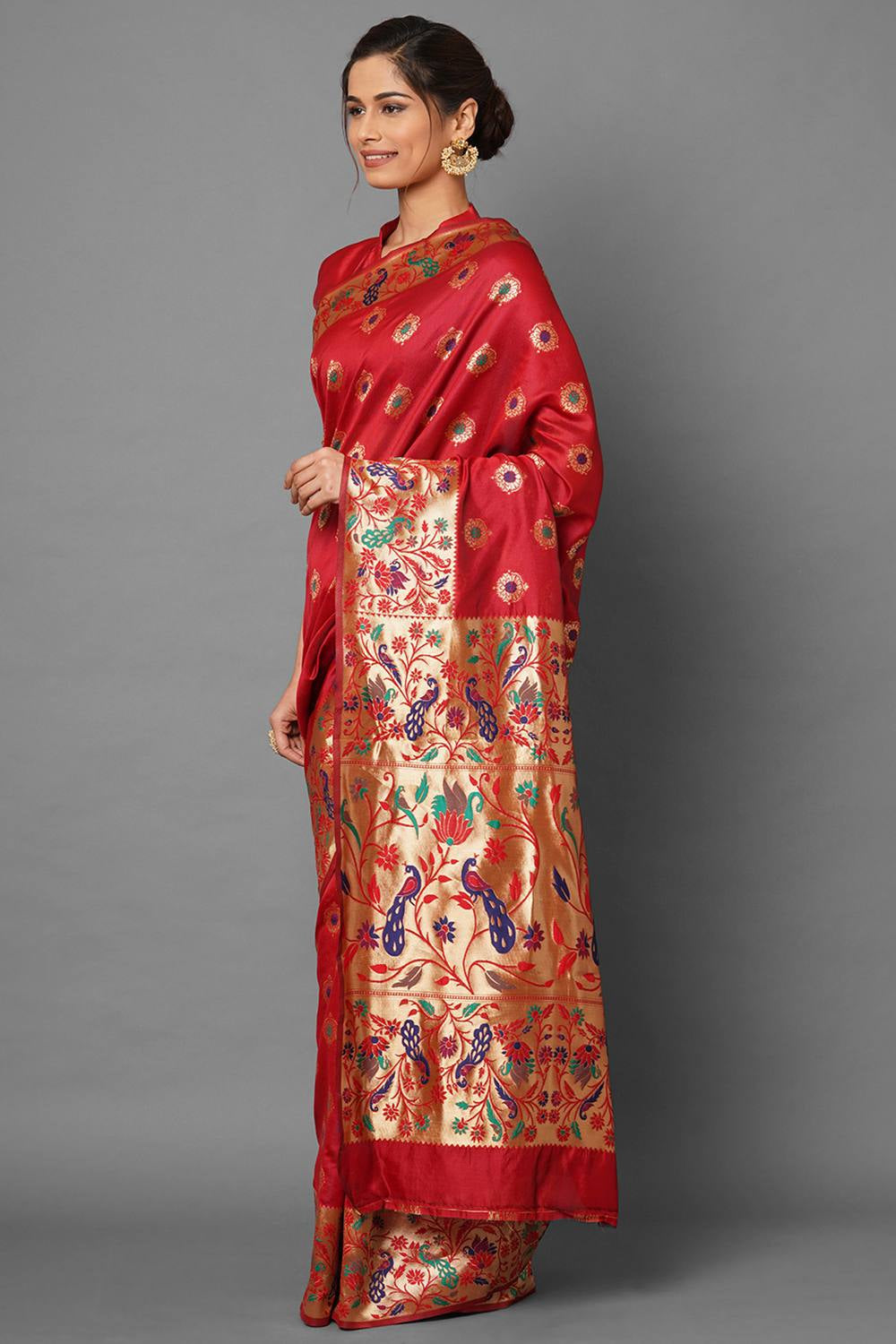 Buy Jaya Red Woven Silk Blend One Minute Saree Online - Front