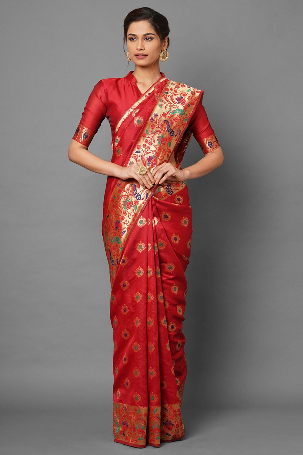 Buy Jaya Red Woven Silk Blend One Minute Saree Online - One Minute Saree
