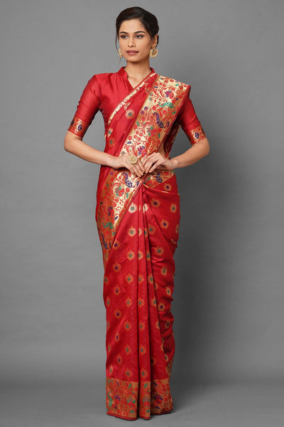 Buy Jaya Red Woven Silk Blend One Minute Saree Online - One Minute Saree